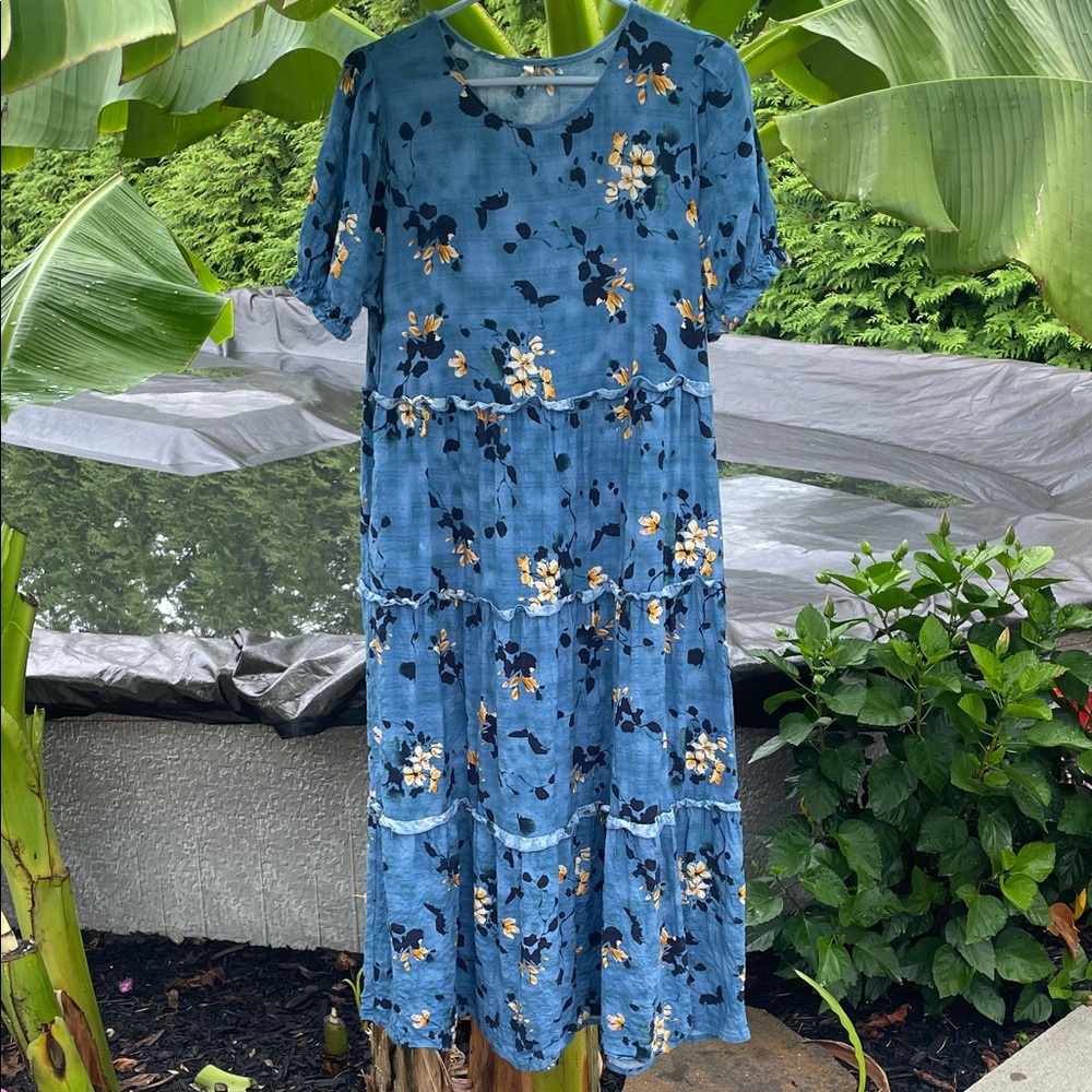 Floral Blue Maxi Dress with side pockets